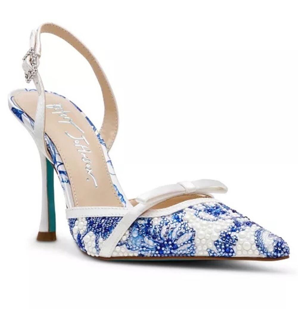 Betsey Johnson Blue White Embellished Pointed Toe Slingback Heels